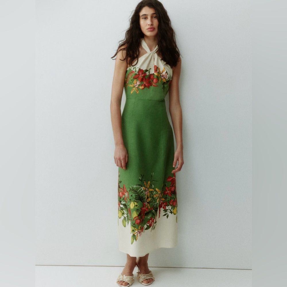 H&M GREEN FLORAL LINEN-BLEND HALTERNECK DRESS